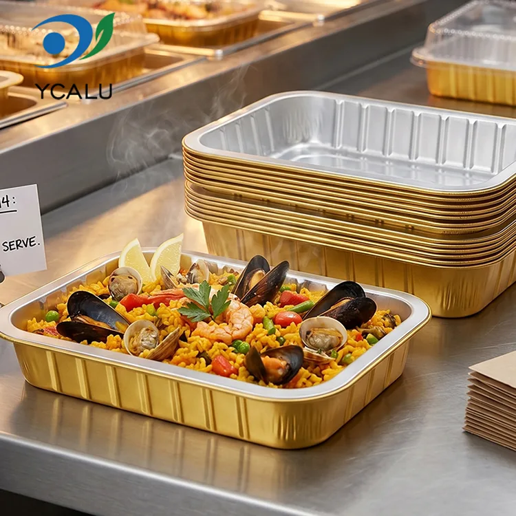 Engangs catering gyldne rektangelbeholdere av aluminiumsfolie